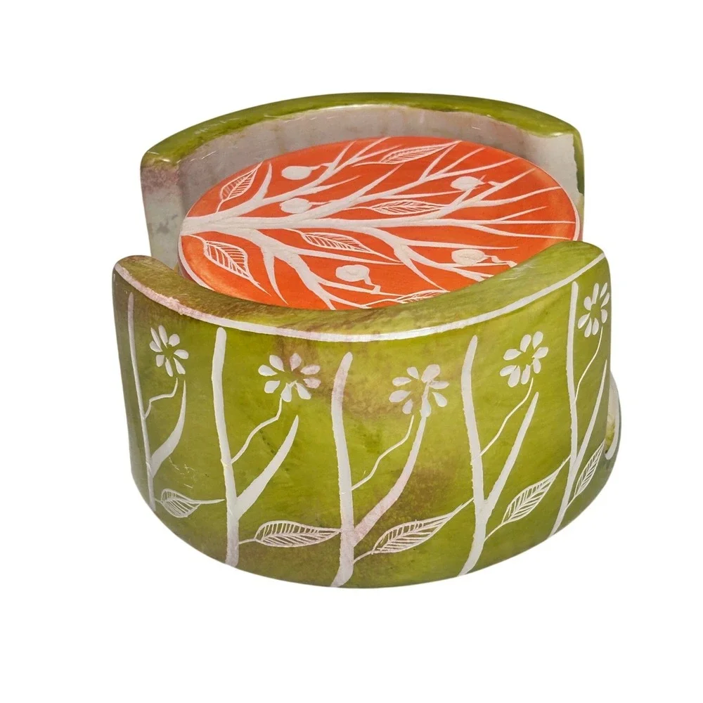 Ten Thousand Villages Orchard Tree Coaster Set Kenya Soapstone Hand Carved 6pc